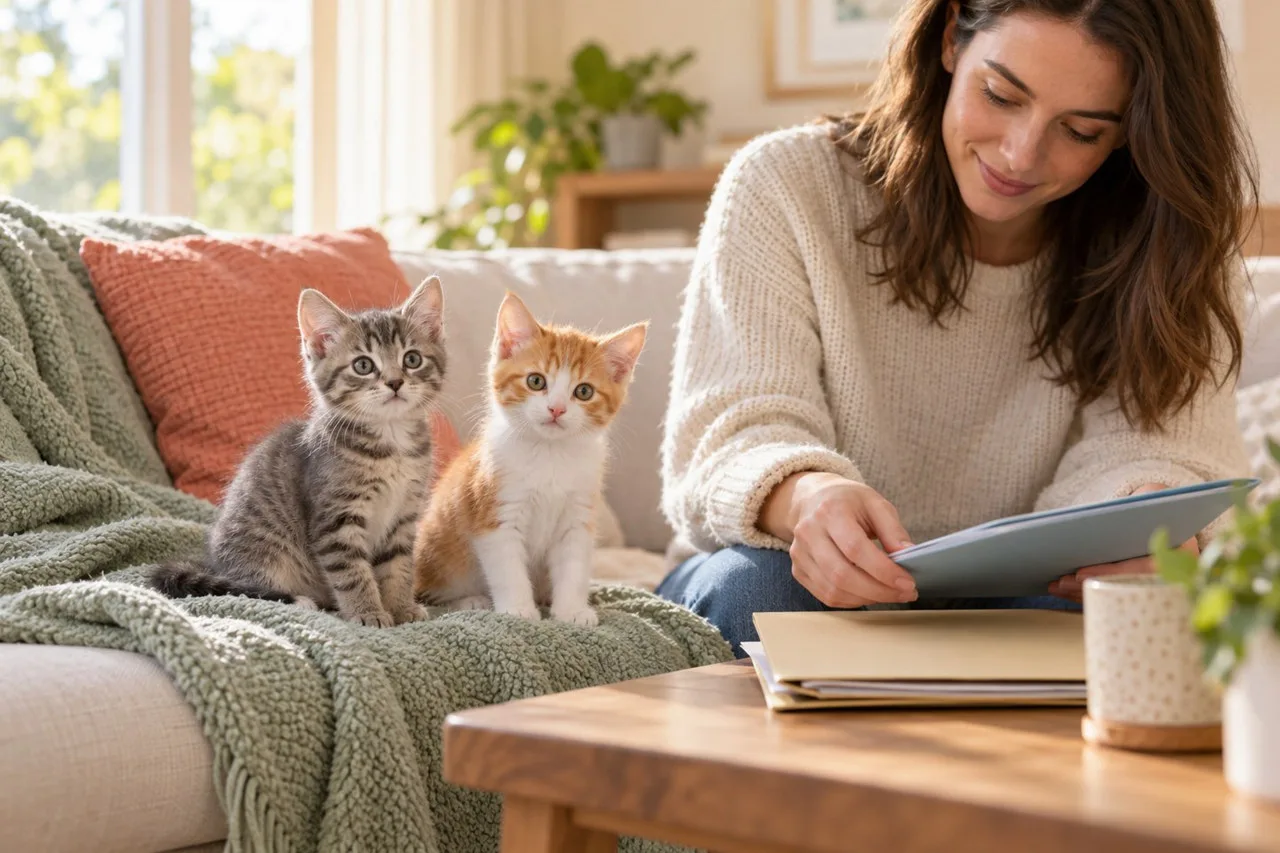 Owner reviewing papers with two cats beside the table